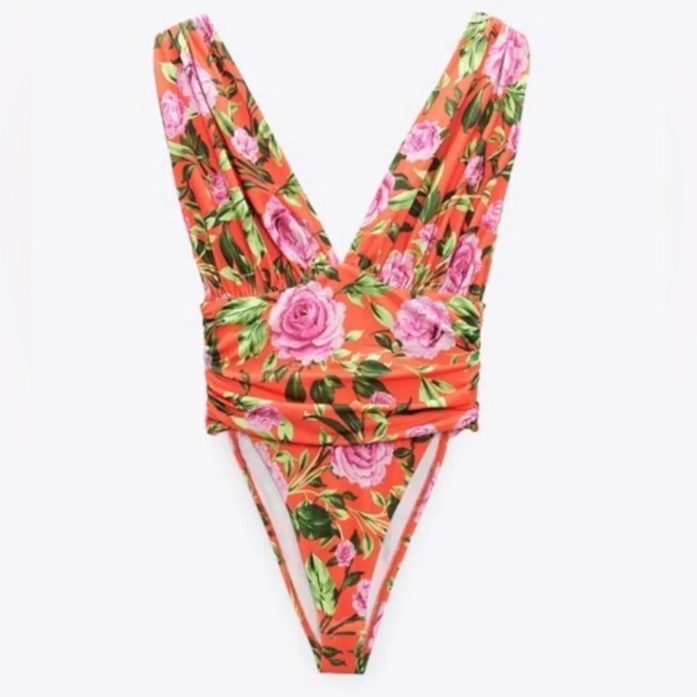 NWT Zara Orange Floral V Neck Sleeveless Draped Ruched Bodysuit Blogger Small